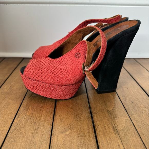 Sixtyseven Red Reptile Suede Peep Toe Platform Block Heels 37 / 6 - Picture 7 of 8